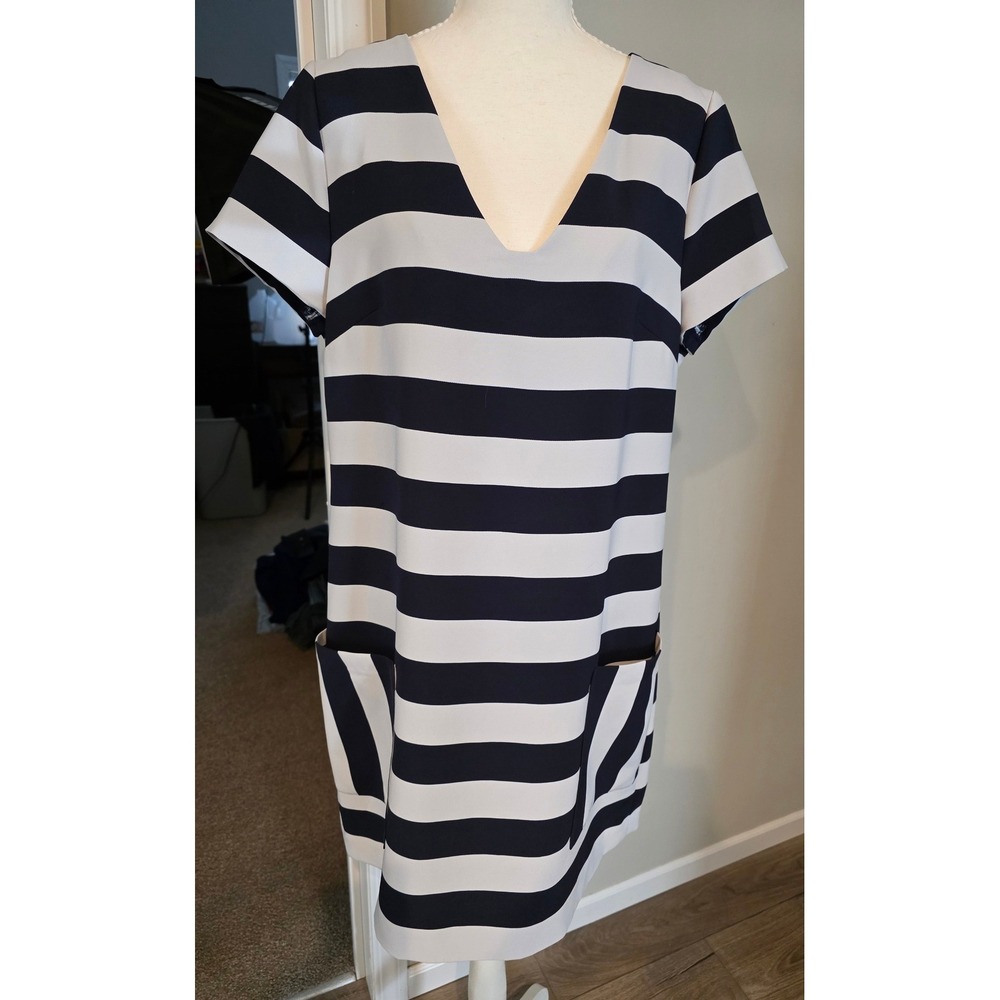 1 STATE Navy White Stripe Patch Pocket Shift Dress Sz L Back Zip Sailor Nautical